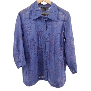 Mirasol Button Up Periwinkle Floral Print Top‎ Jacket Womens Plus Sz 1X Sheer